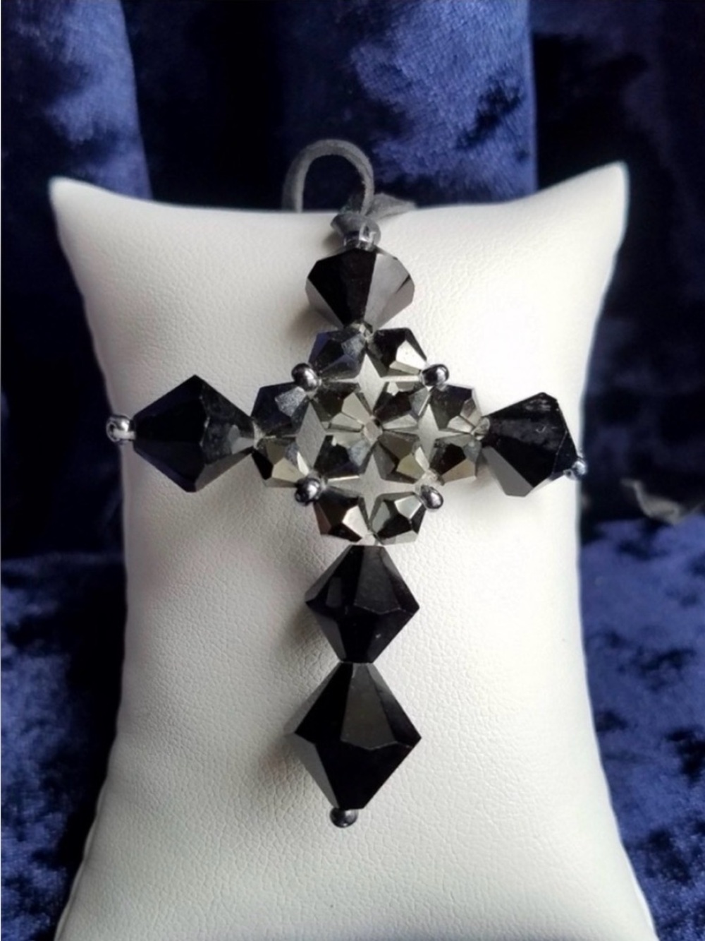 Swarovski Elements Jet Black Beaded Cross on Black Swede Cord Necklace